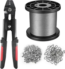 Wire Rope Crimping Tool Kit, 328FT Stainless Steel Cable with 200PCS 1/16” Alumi
