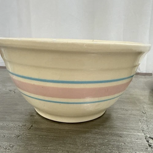 Vintage 1970s McCoy Cream Pink Blue Stripe Bands 8 In. Mixing Bowl Oven Ware USA