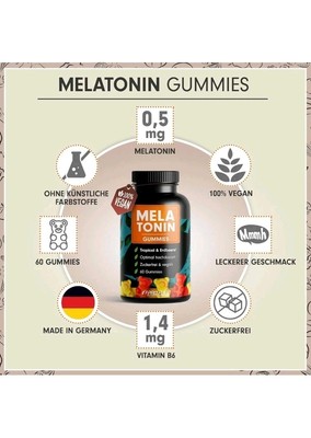 Melatonin Gummies - 60x mit 0,5 mg bioaktivem 100% vegan - Made in Germany