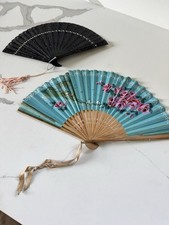 Vintage Folding Hand Fans Lot -2 Painted Paper Wood  Plastic Cutout Hong Kong
