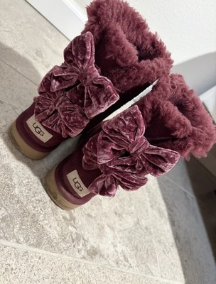 UGG Mid-Calf Winter Boots Velvet Bow Burgundy Women's Outdoor Comfort