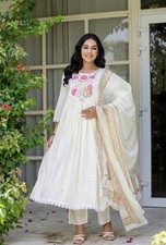 Indian Anarkali Kurti Pant Dupatta Set Cotton Embroidered Ethnic Festive Wear