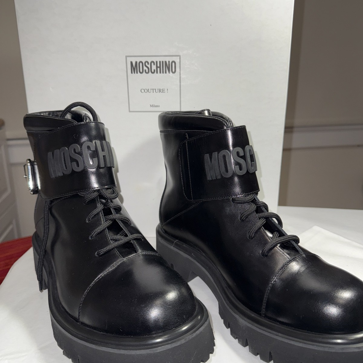 Mens 11 EU 44 Moschino Combat Boots Black Leather Logo  display picture 3