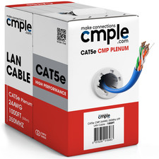 Cat5e Plenum Ethernet Cable 1000ft CMP 350MHz 24AWG Solid Bulk LAN In Box Blue