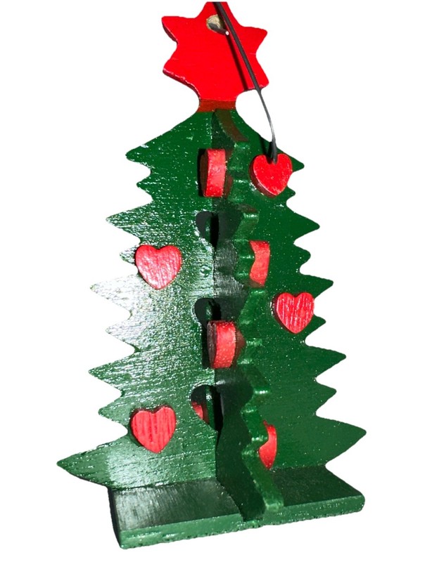 Christmas Ornament Wood Green Christmas Tree Red Hearts Dept 56 Vintage Country