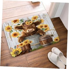 Cute Highland Cow Bath Rug Mat, Farmhouse Rustic Cattle Sunflower Western