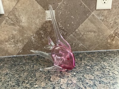 CHRIBSKA GLASSWORKS PINK/CLEAR BLOWN ART GLASS ANGEL FISH SCULPTURE 10  T