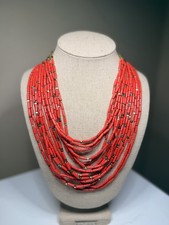 Red Multi-Strand Beaded Statement Necklace wi...