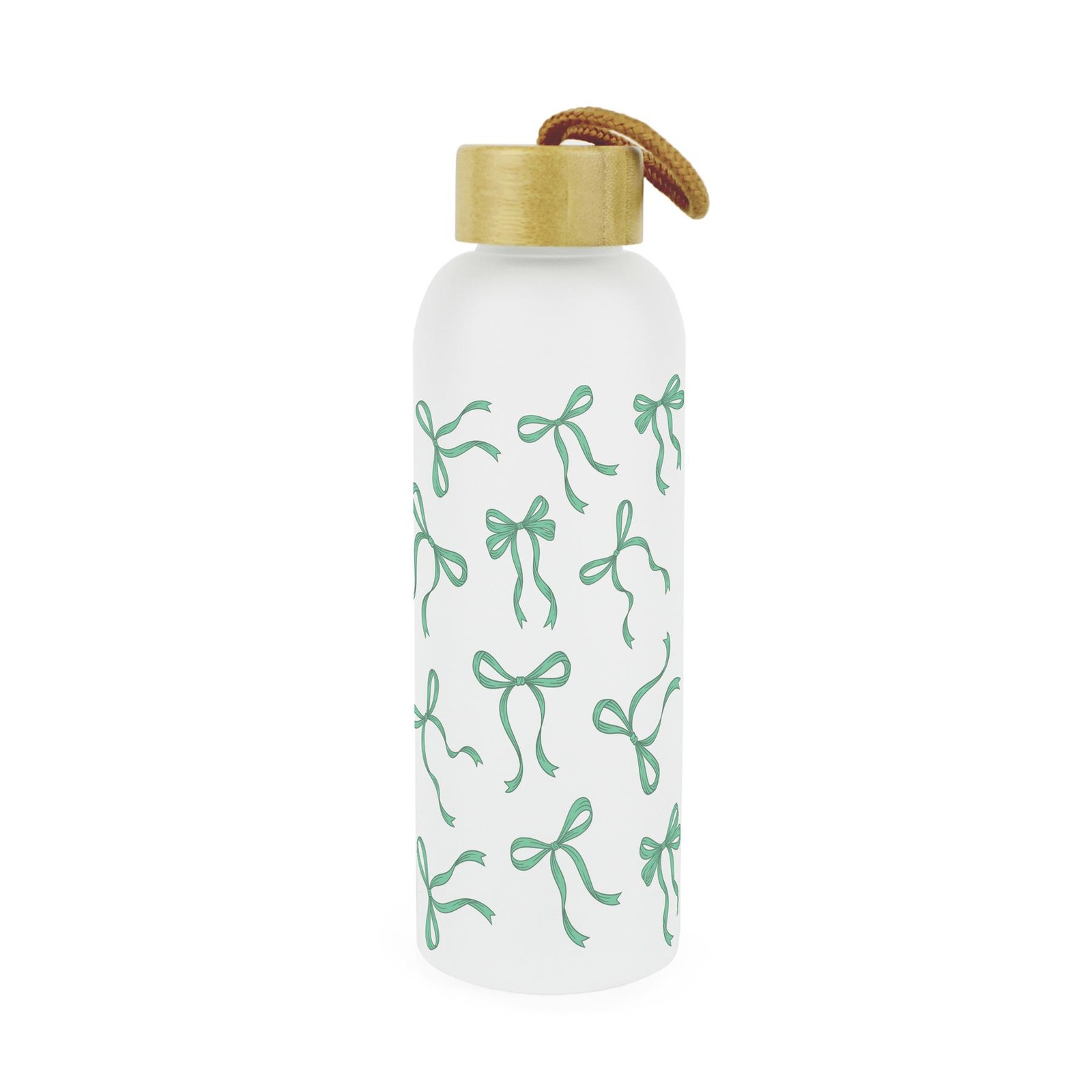 Green Bows Frosted Glass Water Bottle & Wooden Lid -Reusable Drinkware Gift