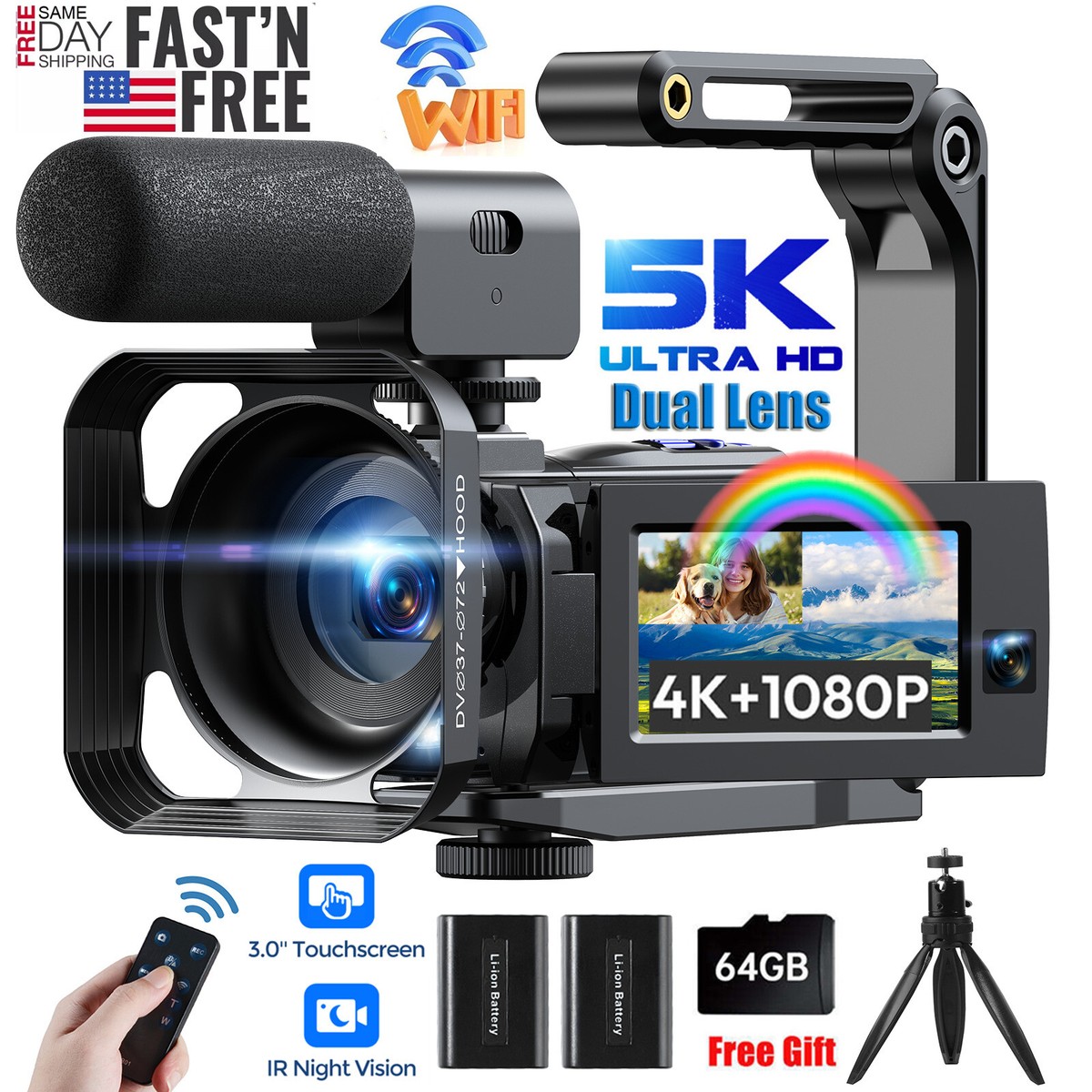 ?UHD 5K + 1080P Dual Lens Camcorder Video Camera WiFi IR Night 