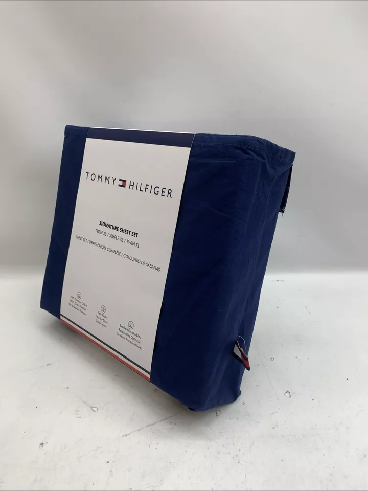 Conjunto de lençóis Tommy Hilfiger azul escuro sólido XL assinatura 100% algodão premium - Imagem 3 de 4
