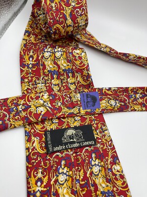 ANDRE CLAUDE CANOVA Silk Tie Red Gold floral Baroque Made in France Exquisite