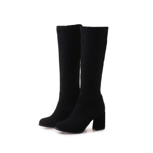 Damen-Stiefel rund geschnitten kniehoch Blockabsatz Kunst-Wildleder Ritterschuhe zum Überziehen 2025 - Bild 13 von 15