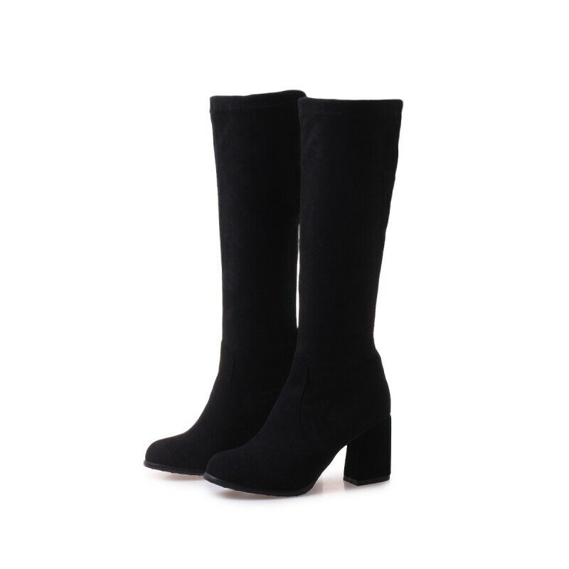 Women Knee High Boots Block Heel Round Toe Knight Riding Shoes 34-51 52 53 54 D