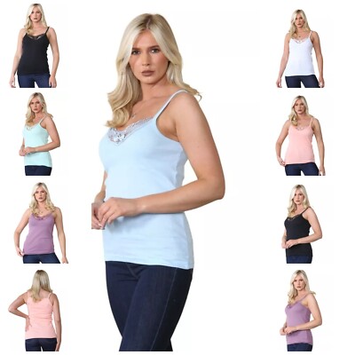 Damen 6er Pack Trägertops aus Baumwolle mit Spitzenbesatz - weich & leicht - perfekt