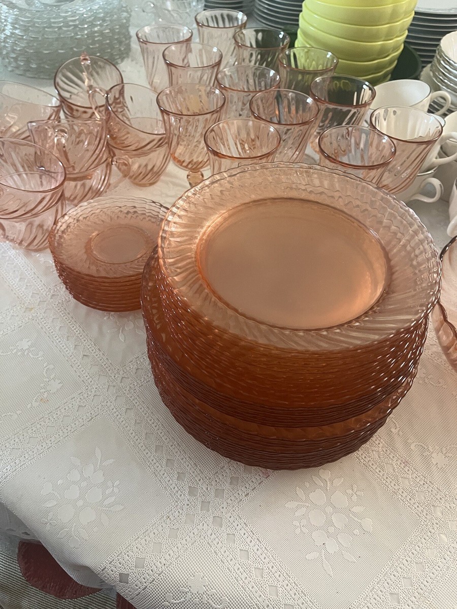 Vintage Pink Swirl Dish Set from Arcoroc France 12 Place Settings