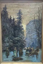 Antique Winter Landscape Oil Painting Listed Polish Artist Alexander Kwiatkowski