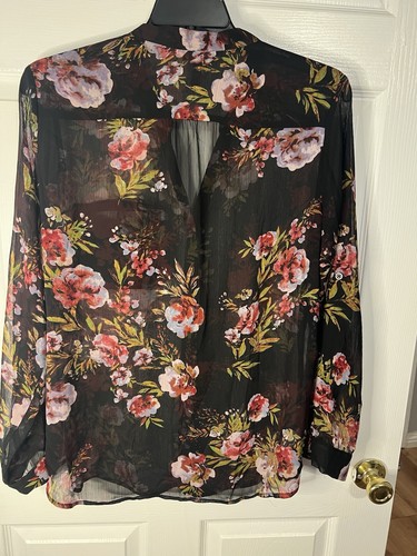 Kut From The Kloth Black Floral Sheer Button-down Blouse Tunic Length, Size XL - Picture 3 of 5