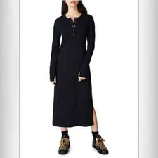 SWEATY BETTY Black Ribbed Henley Long Sleeve Midi Dress Size M
