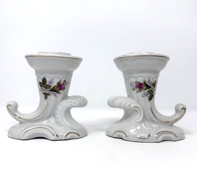 Pair Of Cornucopia Or Horn-of-Plenty 3'' Porcelain Candle Holders Dainty Flowers