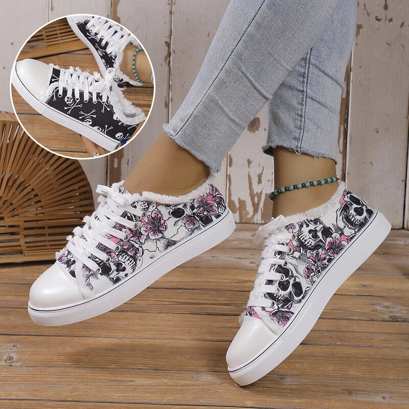 Womens Canvas Goth Punk Trainers Pumps Plimsolls Flat Lace Up