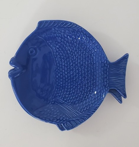 3 Vintage Portugal 10" Fish Shaped Plate Appetizer Luncheon Serving Blue Platter