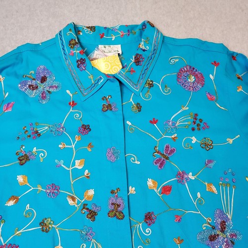 QUACKER FACTORY Jacket 3X Floral Butterflies Embroidered Blue Beaded Vintage - Picture 10 of 20
