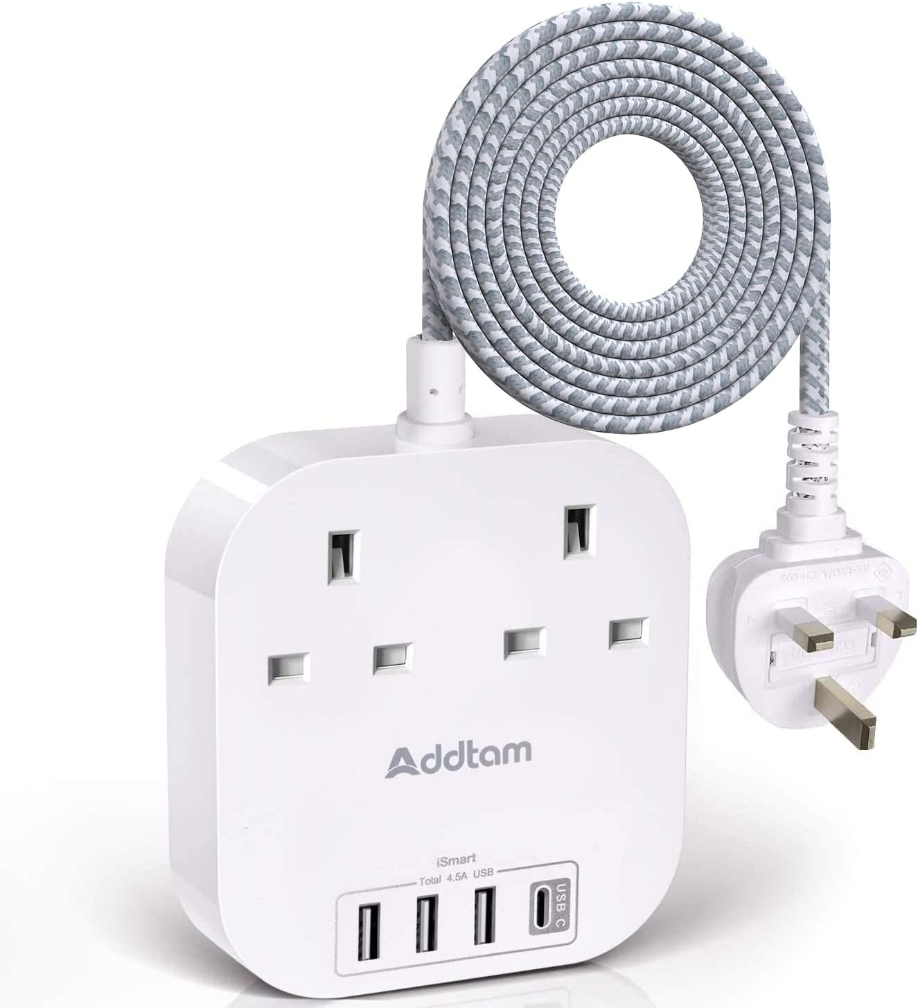 Extension Lead, Power Strips with 2 Way Outlets 4 (4.5A, 1 Type C 1.6M, White