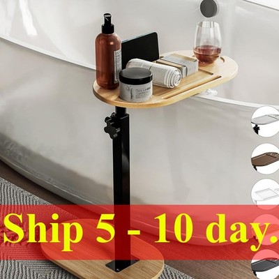 Bamboo Bathtub Tray Table with Adjustable Height, Freestanding Bath Caddy Tray f