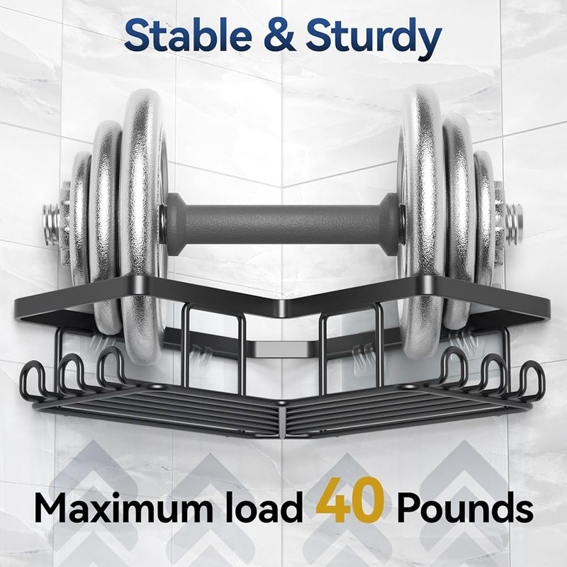 L-Shaped Corner Shower Caddy Adhesive Organizer Rustproof W/ Hooks Soap Holder