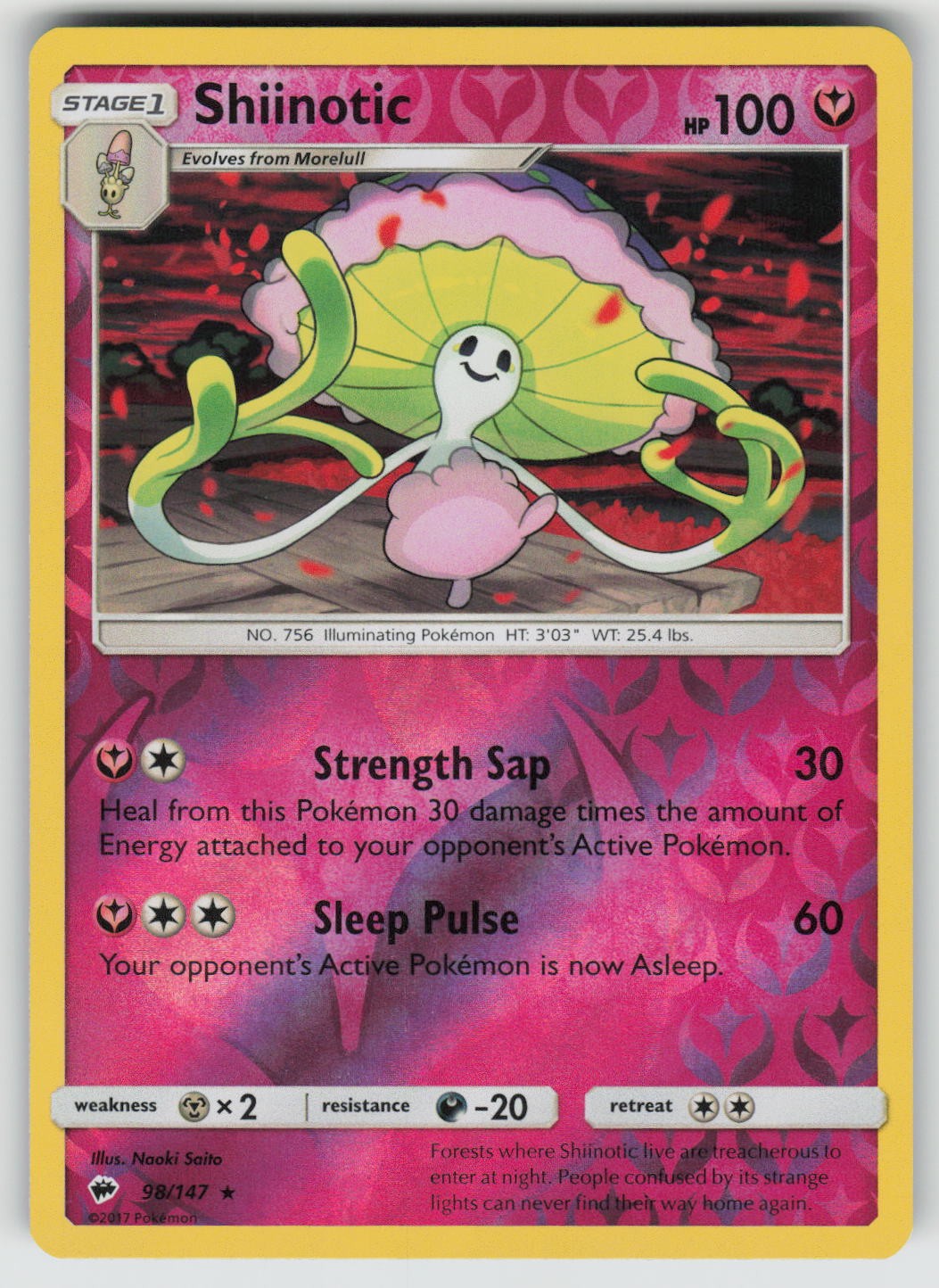Shiinotic 98/147 Rare Burning Shadows Pokemon Reverse Holo Near Mint