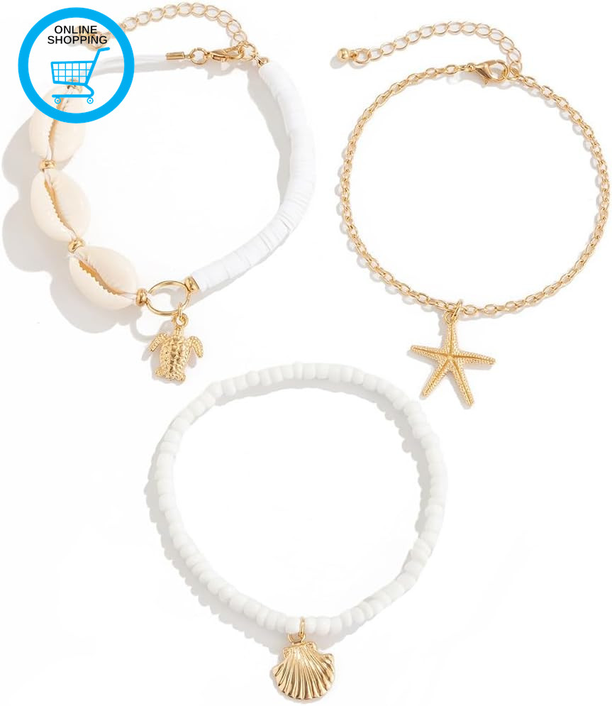 3Pcs Boho Beach Ankle Bracelets Starfish Seashell Anklets for Women Turquoise Be