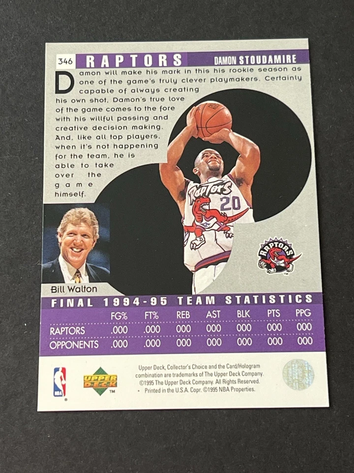 1995-96 1996 UPPER DECK COLLECTOR’S CHOICE DAMON STOUDAMIRE RC #346 ROOKIE - Image 2 of 2