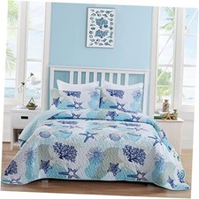 Coastal Quilt Set Size, Blue Ocean Beach Themed Bedding Set King Blue Coastal