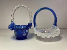 Fenton Art Glass 2 Small Ruffled Edge Baskets - One Hand Painted by J. Jeffries