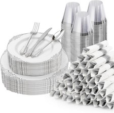 350PCS Silver Plastic Plates for 50 Guests, Disposable Dinnerware Sets Include