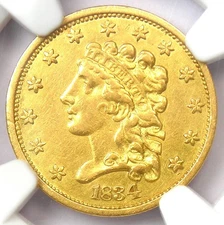 1834 Classic Gold Quarter Eagle $2.50 Coin - Certified NGC AU Details - Rare!