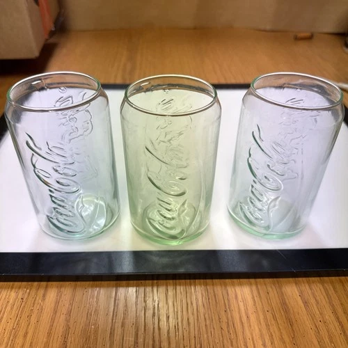 Vintage Coca Cola Collectible Can-Shaped Drinking  Glass Green Tint Set of 3