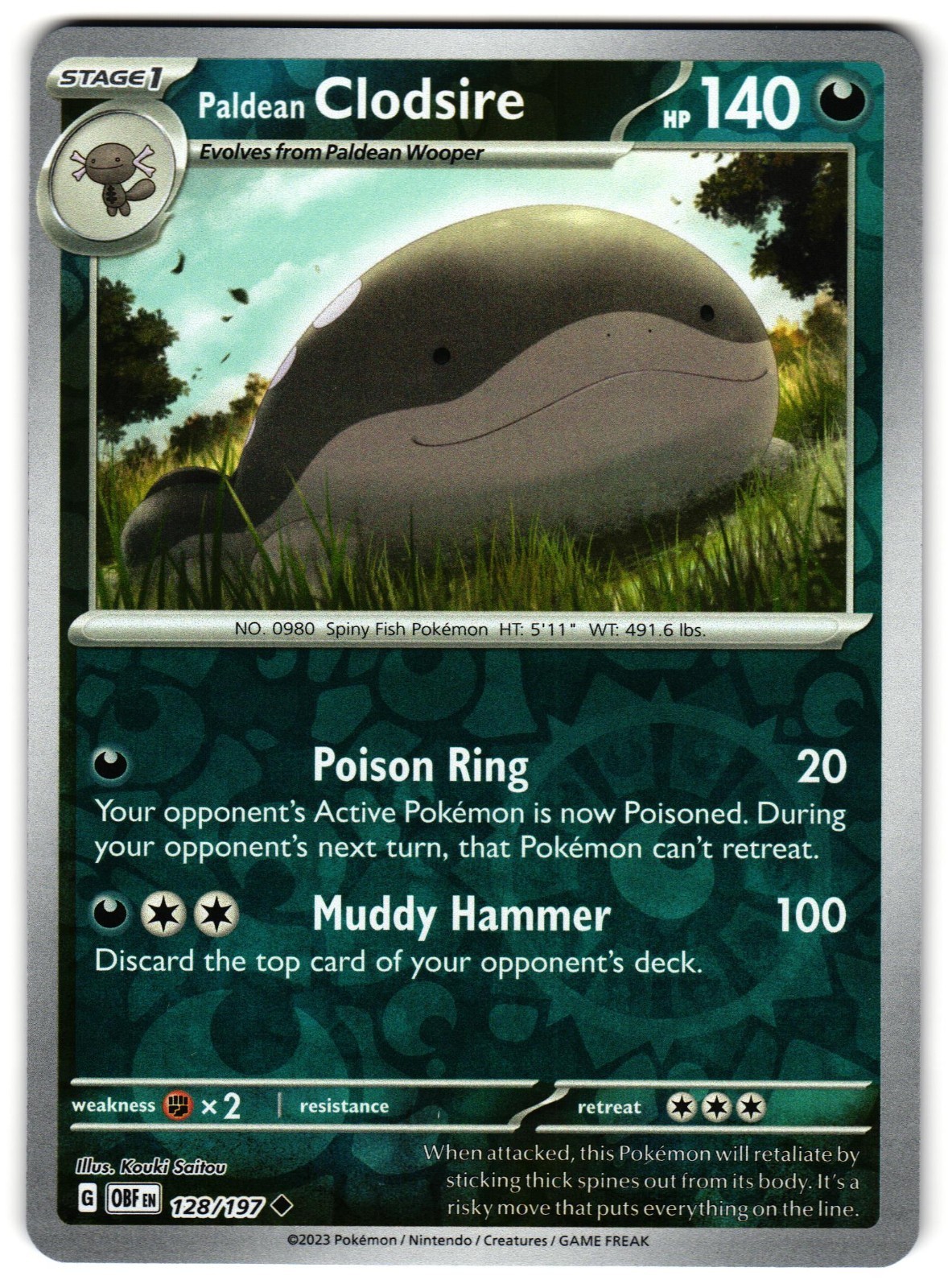 Paldean Clodsire Reverse Holo 128/197 Uncommon Obsidian Flames Pokemon Near Mint