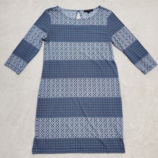 Banana Republic Dress Women XS Blue Geo Striped 3/4 Sleeve Stretch Knee Length