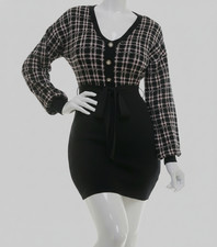 BCX Women's Juniors' Black White V-Neck Long-Sleeve Sweater Dress Size XL