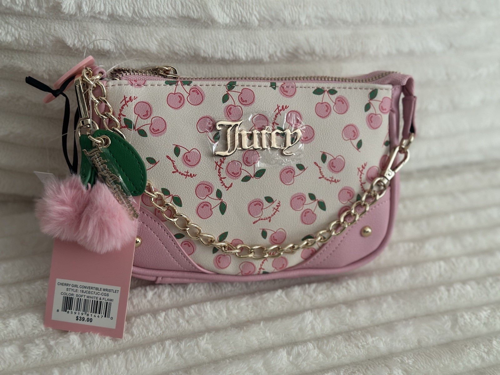 Juicy Couture Cherry Print Zip Wristlet w/ Chain Strap & Charm, White/Pink