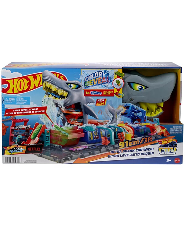 Hot Wheels City Ultra Shark Car Wash Playset with Color Reveal