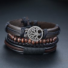 4Pcs Set Braided Wrap Leather Bracelets Vintage Charm Tribal Wristbands for Men.