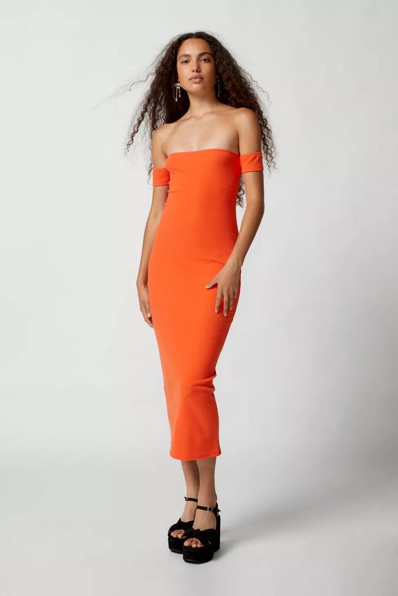 orange knit midi dress Urban Outfitters Spencer Off-The-Shoulder Dress, Size:S okk_type:MIDI DRESS