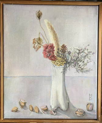 :: ÖL AUF LEINWAND STILLLEBEN BLUMENVASE SIGN MONOGRAM A.D. VINTAGE LANDHAUSSTIL