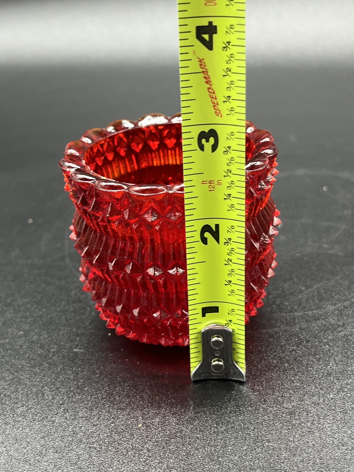 Vintage- Faroy Red Glass Flower Votive Candle Holder - UV GLOWING - CADMIUM ~EUC