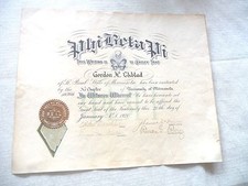 VINTAGE CERTIFICATE FRATERNITY PHI BETA PI ST. PAUL MINNESOTA GORDON EKBALD 1928