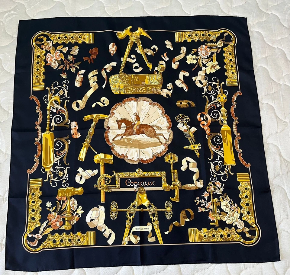 S4# Hermès copeaux Silk scarf black 35 inch made in France - Image 2 of 4