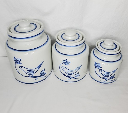 Hand Painted Portugal Bird Canisters Cobalt Blue White Crocks Set 3 Farmhouse - Picture 2 of 12